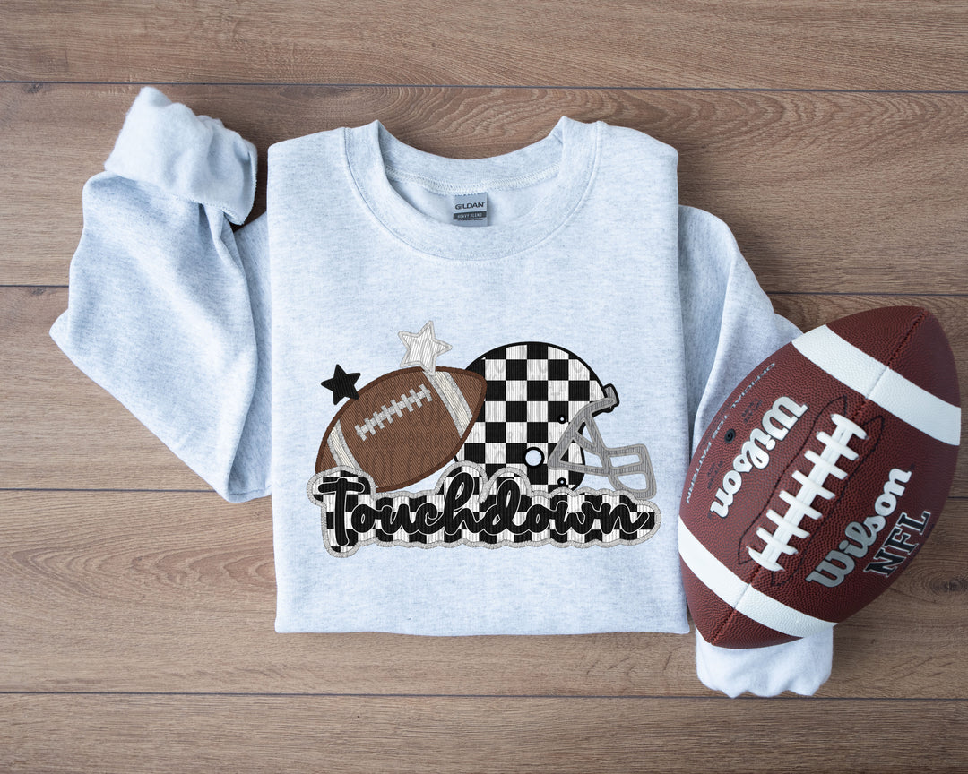 TOUCHDOWN CHECKERED HELMET AND FOOTBALL FAUX APPLIQUE