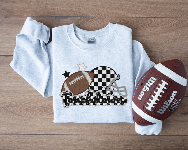 TOUCHDOWN CHECKERED HELMET AND FOOTBALL FAUX APPLIQUE