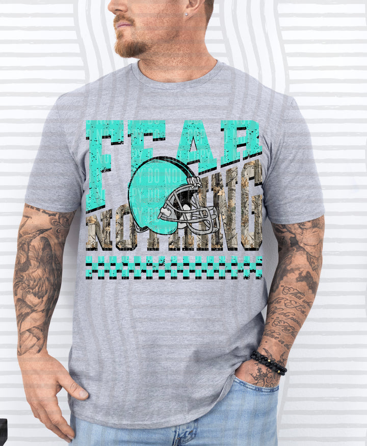 Turquoise Fear Nothing Helmet DTF transfer pressed on a tee