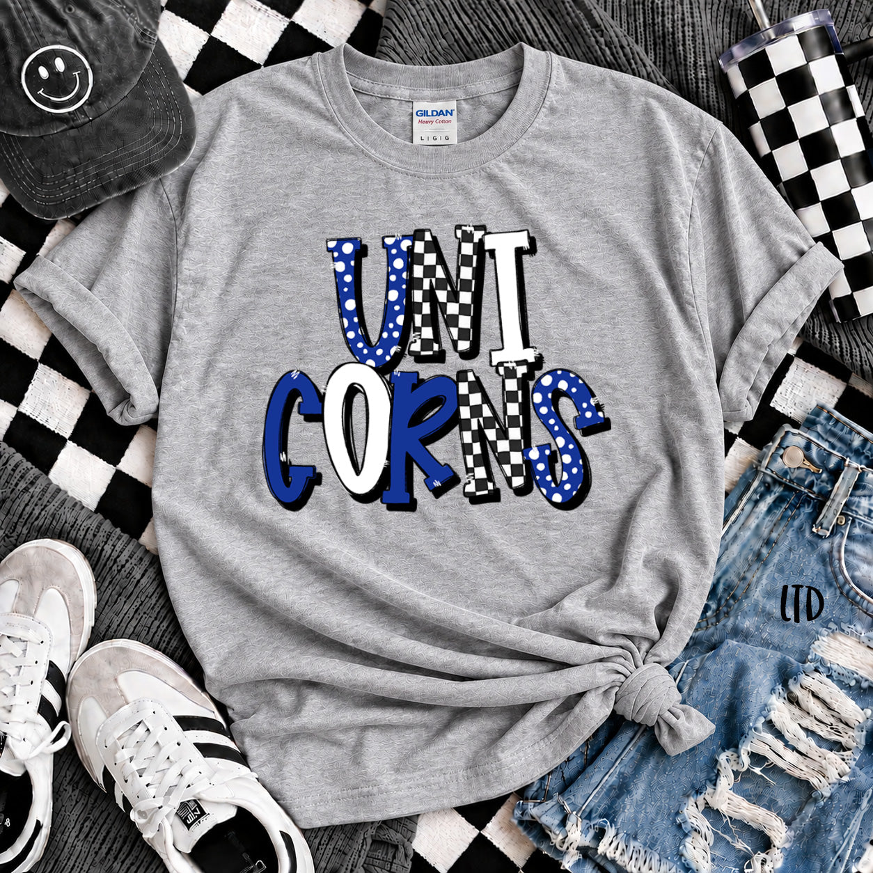Dot Dot Check Mix Mascots Unicorns Royal Blue White design