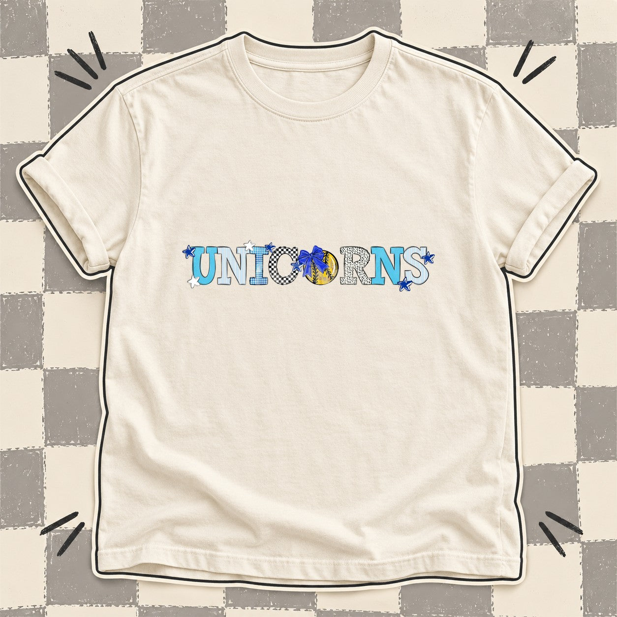 Mixed Doodle Softball Mascots – Mascot Colors Unicorns Royal Blue White design