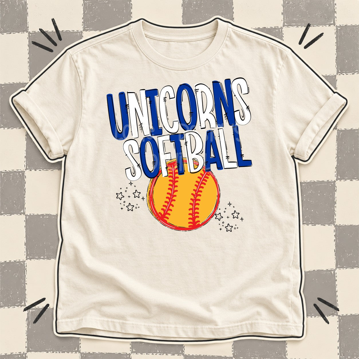 Team Go Softball Mascots Unicorns Royal Blue White design