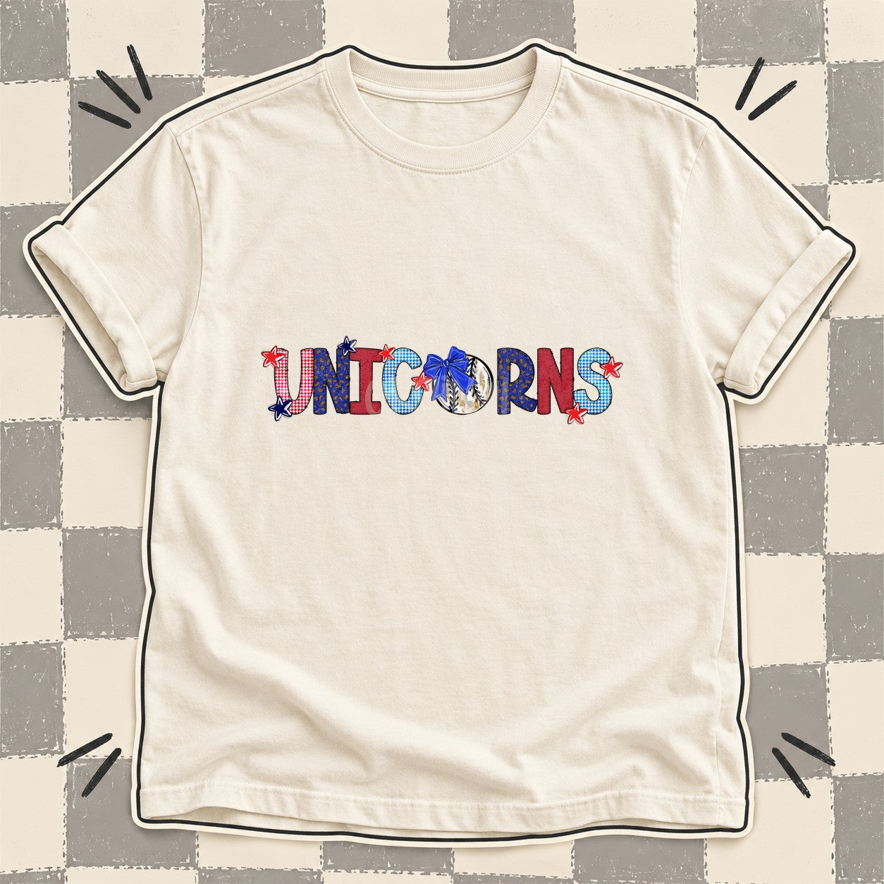 Mixed Doodle Baseball Mascots – Red and Royal Unicorns design
