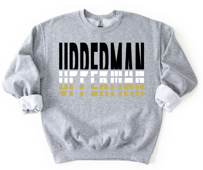 Upperman Split Varsity Black White and Vegas Gold DTF transfer design – image 1