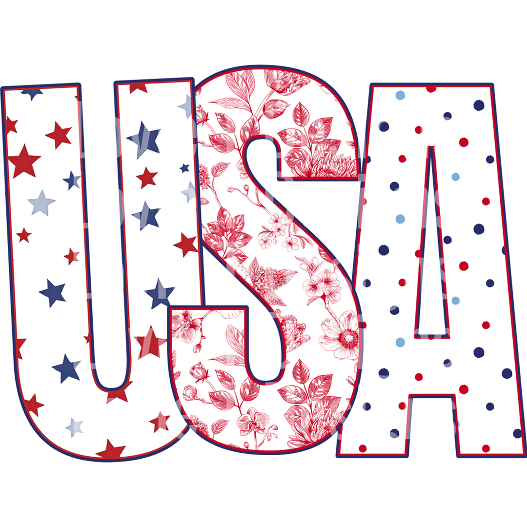 USA Stars, Floral and Polka Dots White – DTF Transfer
