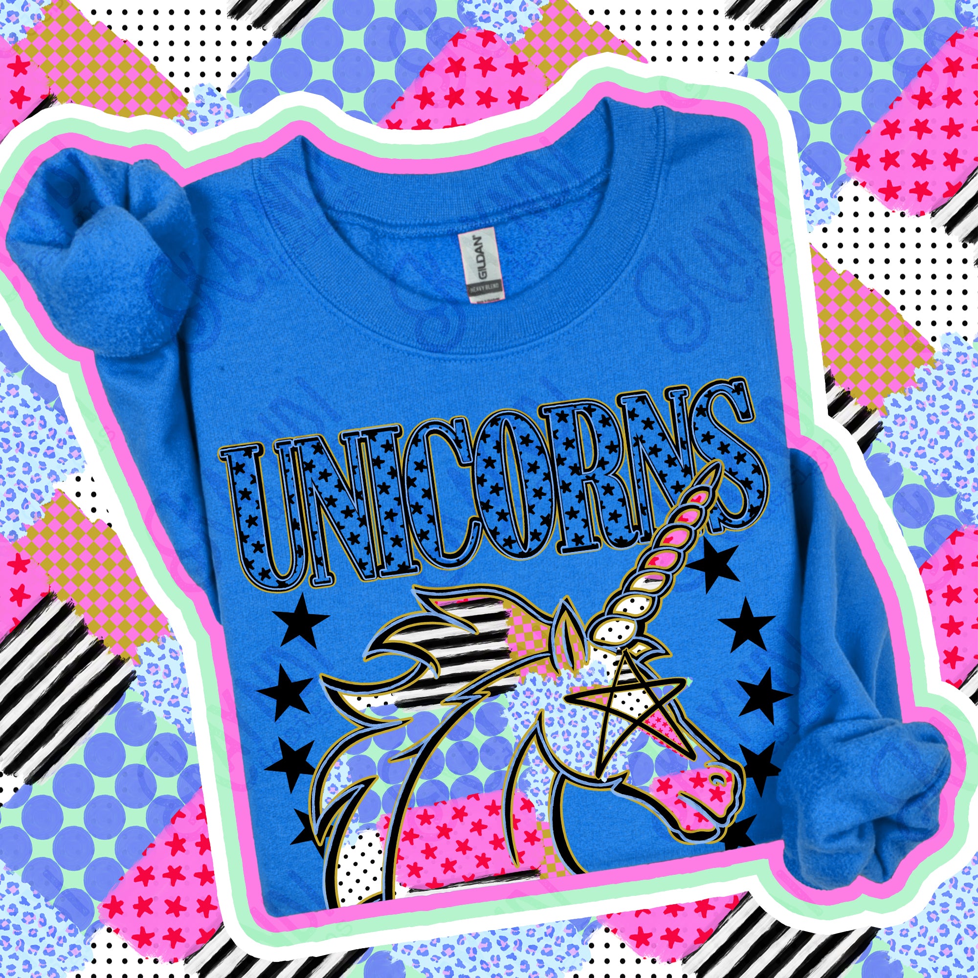 Patchwork Varsity Stars Mascots Unicorns design