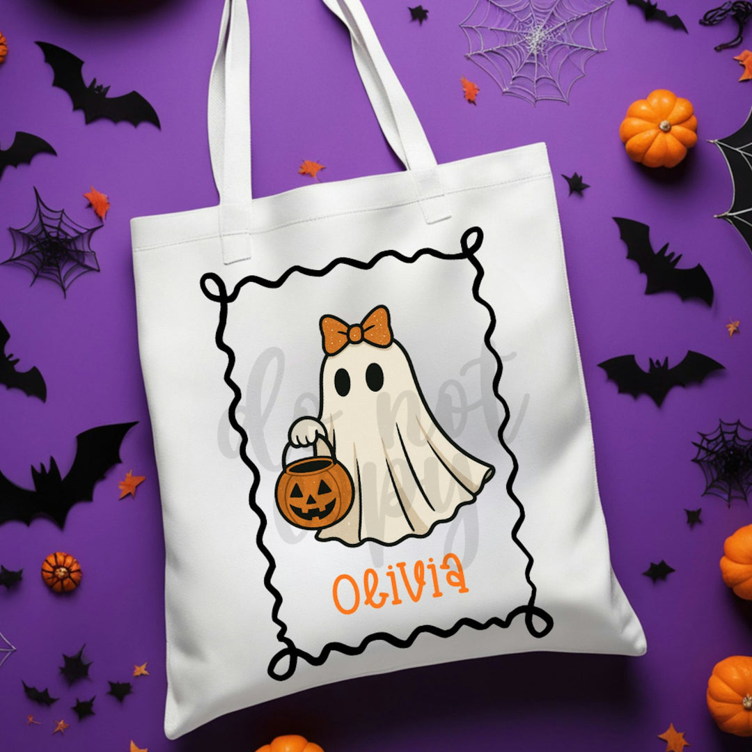 Halloween Ghost Name Treat Bag customizable DTF transfer mockup