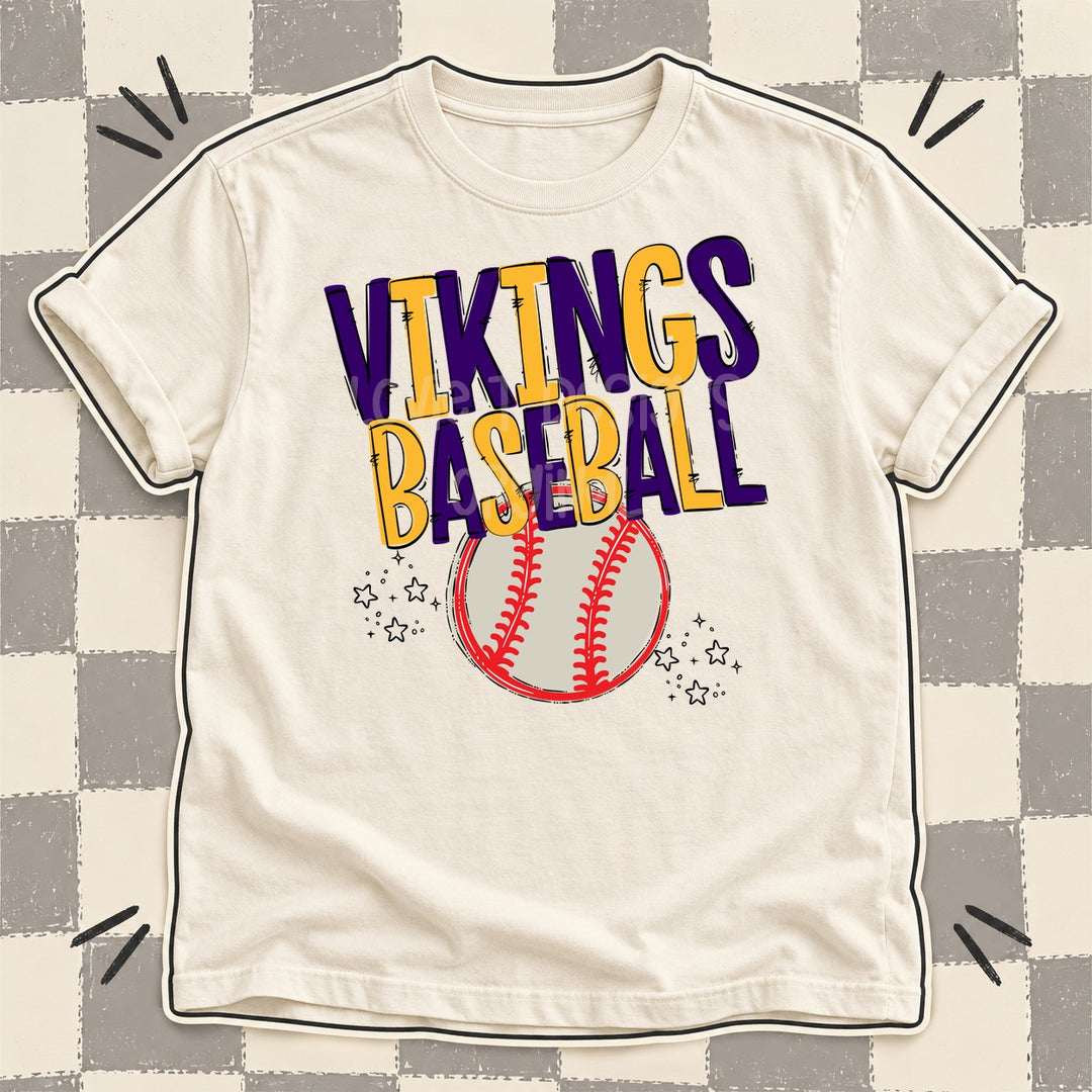 Vikings Purple Yellow Gold Team Go Baseball Mascots DTF transfer mockup