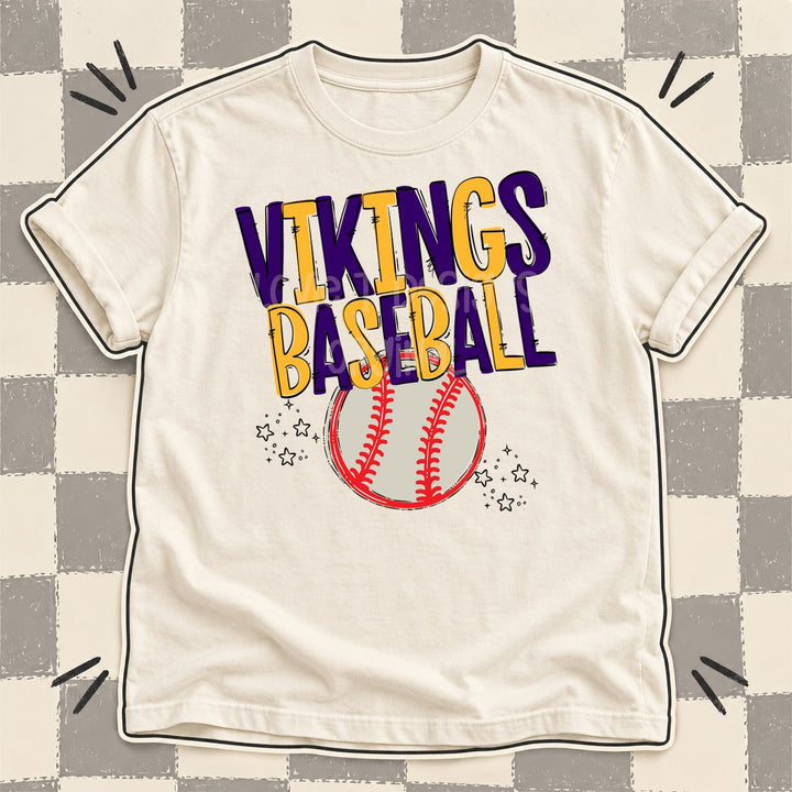 Vikings Purple Yellow Gold Team Go Baseball Mascots DTF transfer mockup