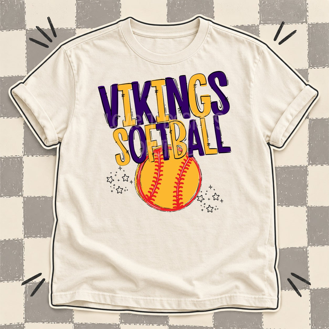 Vikings Purple Yellow Gold Team Go Softball Mascots DTF transfer mockup