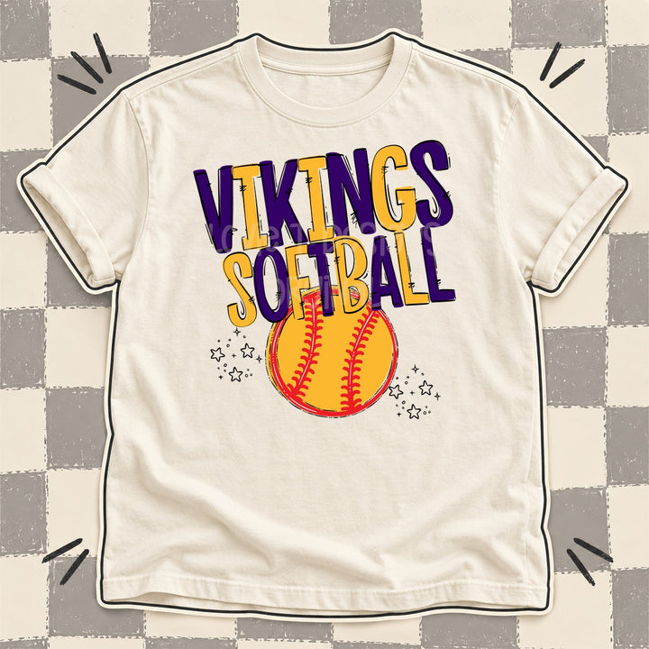 Vikings Purple Yellow Gold Team Go Softball Mascots DTF transfer mockup