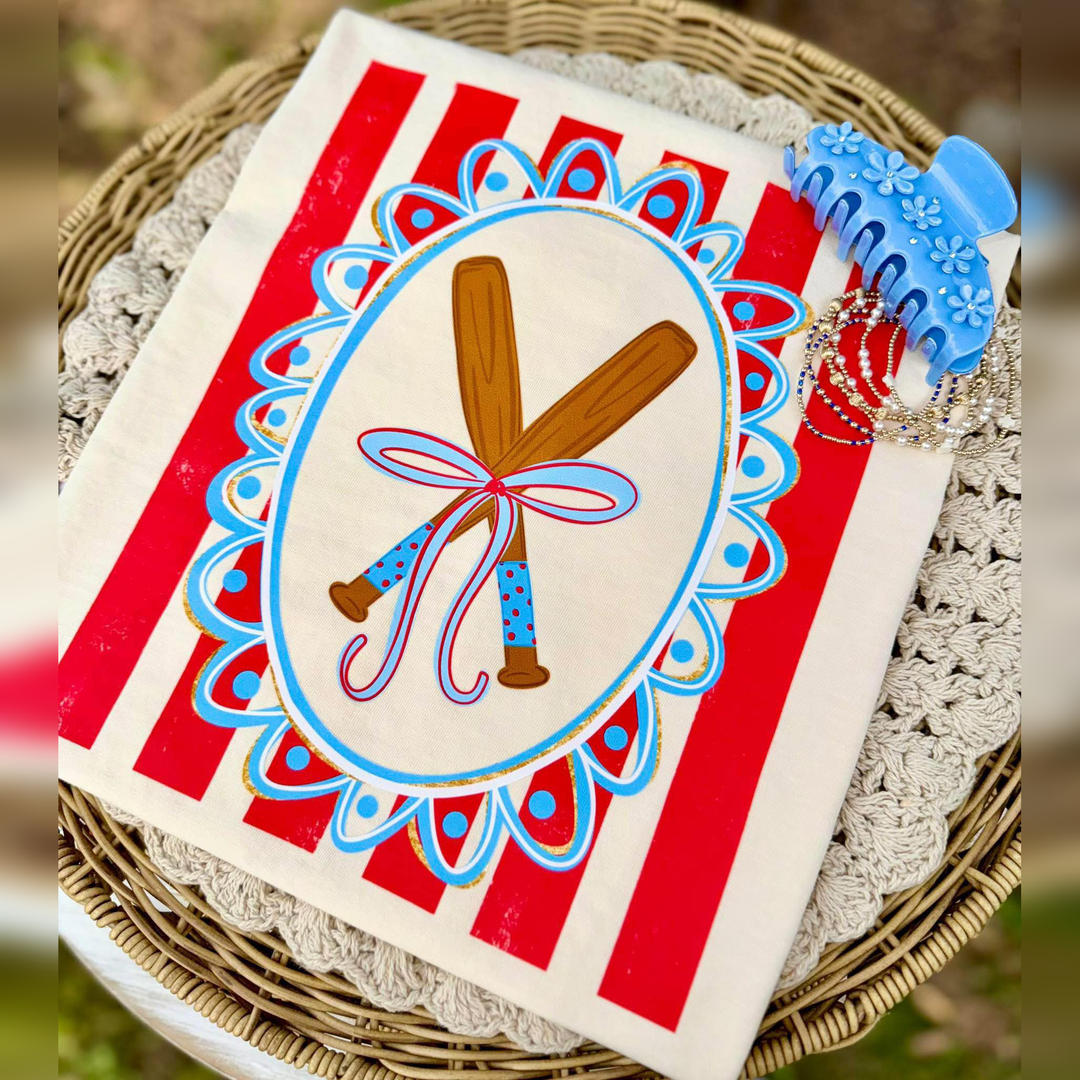Vintage Baseball Bats with Ribbon on Red White Striped Frame – DTF Transfer