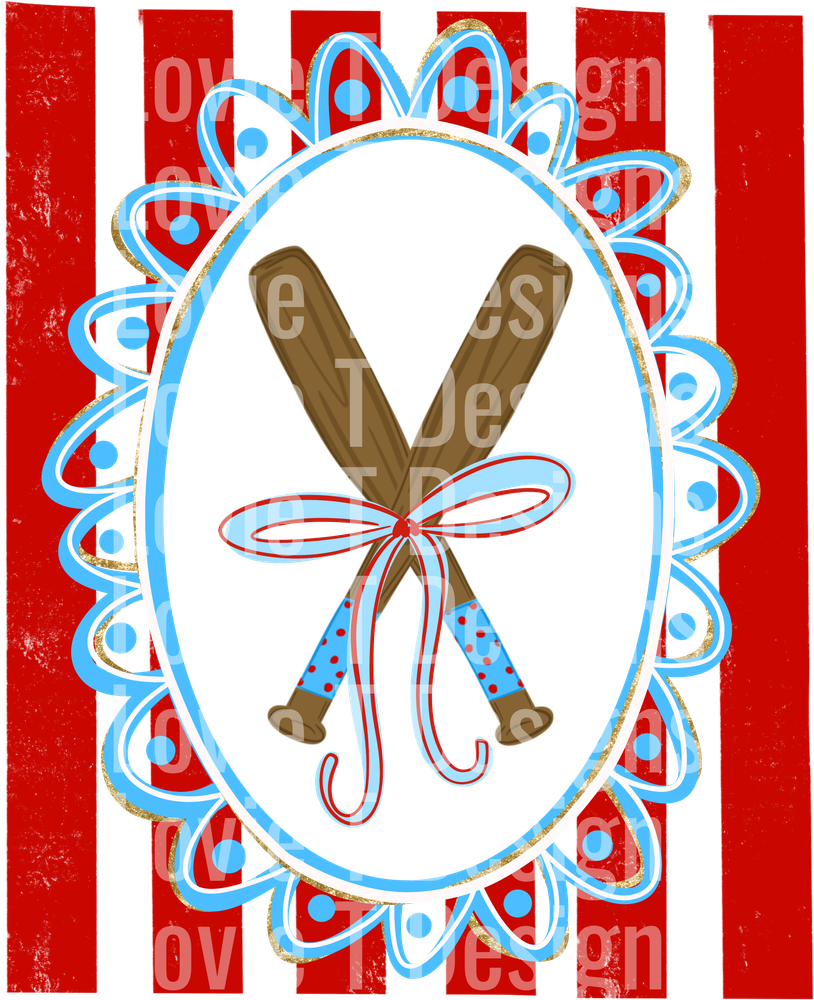 Vintage Baseball Bats with Ribbon on Red White Striped Frame