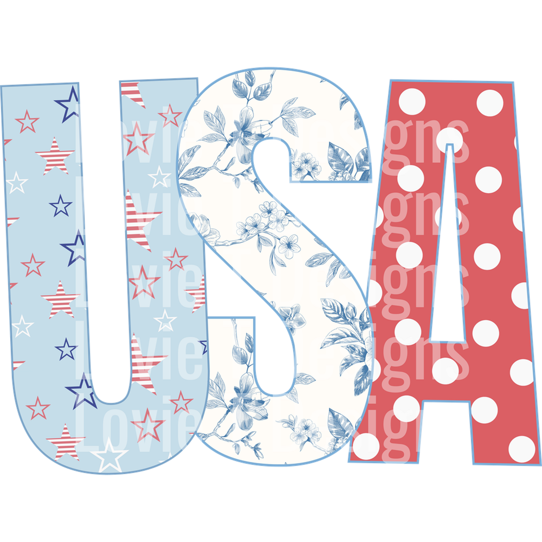Vintage USA Stars, Toile and Polka Dots – DTF Transfer