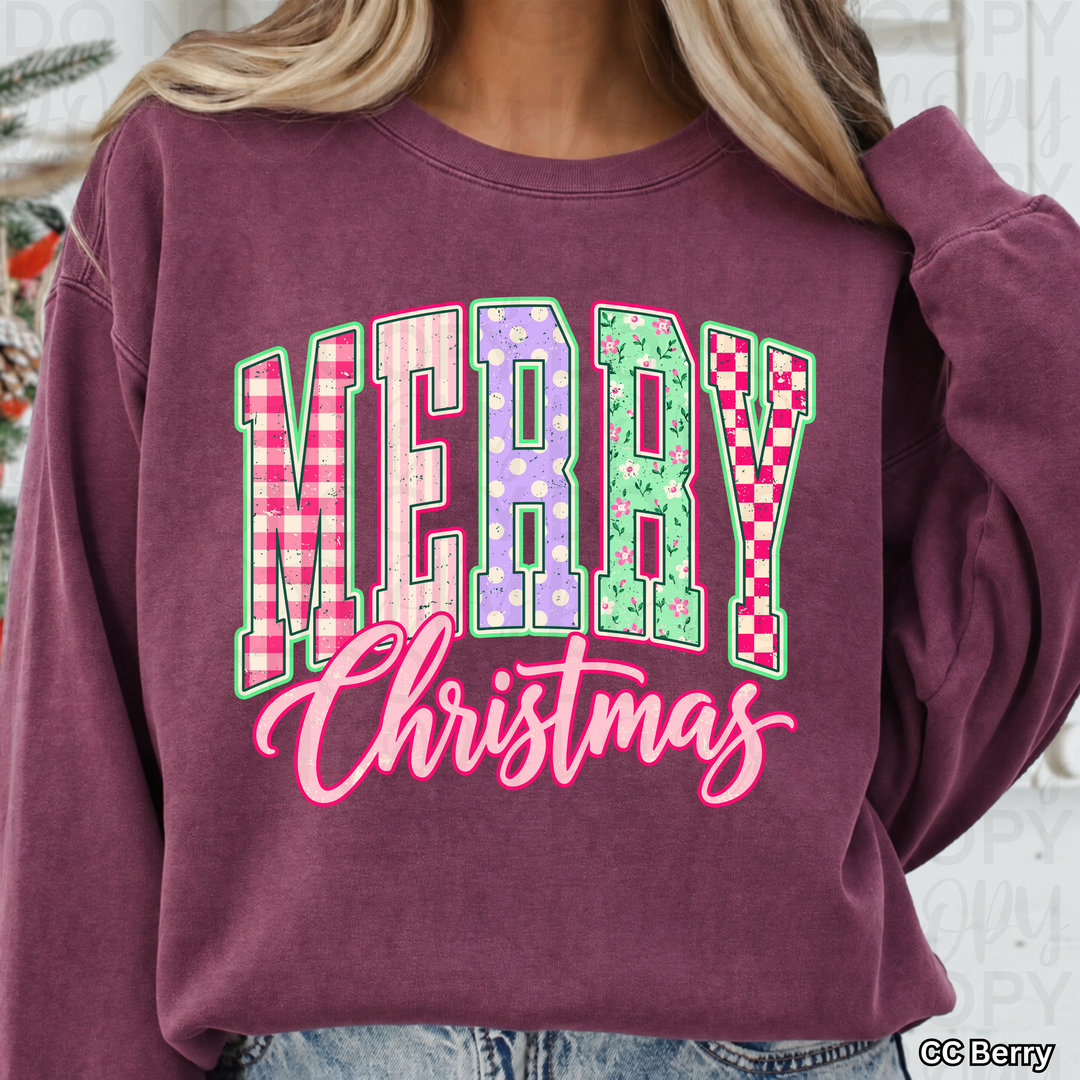 Varsity Merry Christmas pink patchwork DTF transfer mockup 2