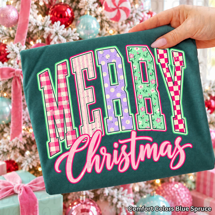 Varsity Merry Christmas pink patchwork DTF transfer mockup 3