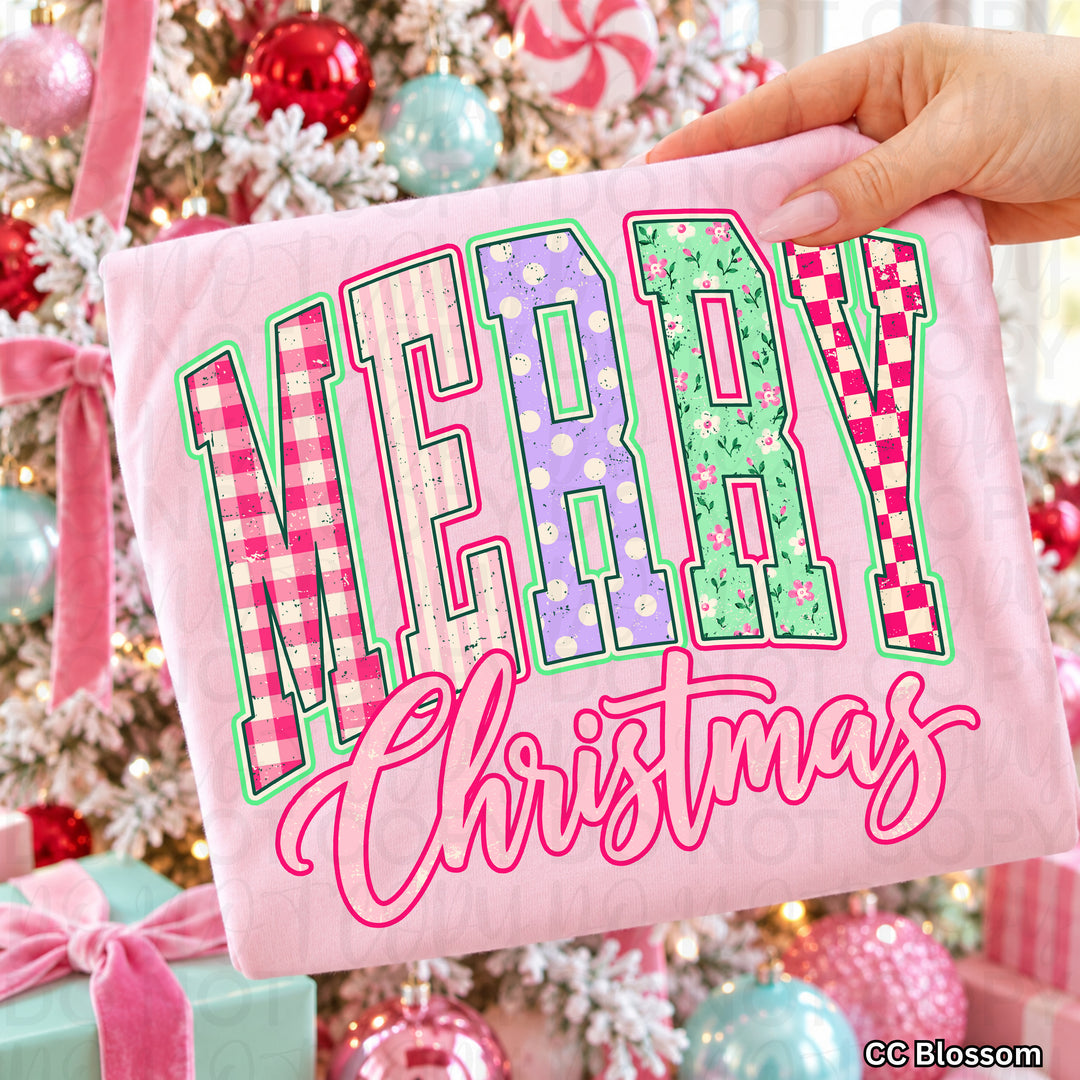 Varsity Merry Christmas Christmas design on a finished tee or sweatshirt – Lovie T Designs