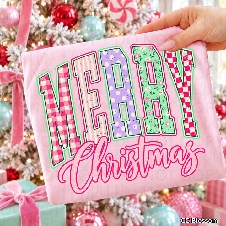 Varsity Merry Christmas Christmas design on a finished tee or sweatshirt – Lovie T Designs