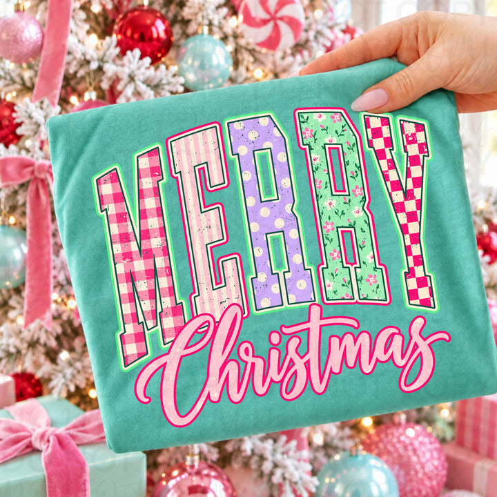 Varsity Merry Christmas pink patchwork DTF transfer mockup 5