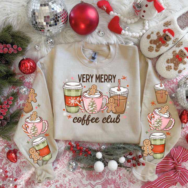 Very Merry Coffee Club front and sleeve DTF transfers – mockup