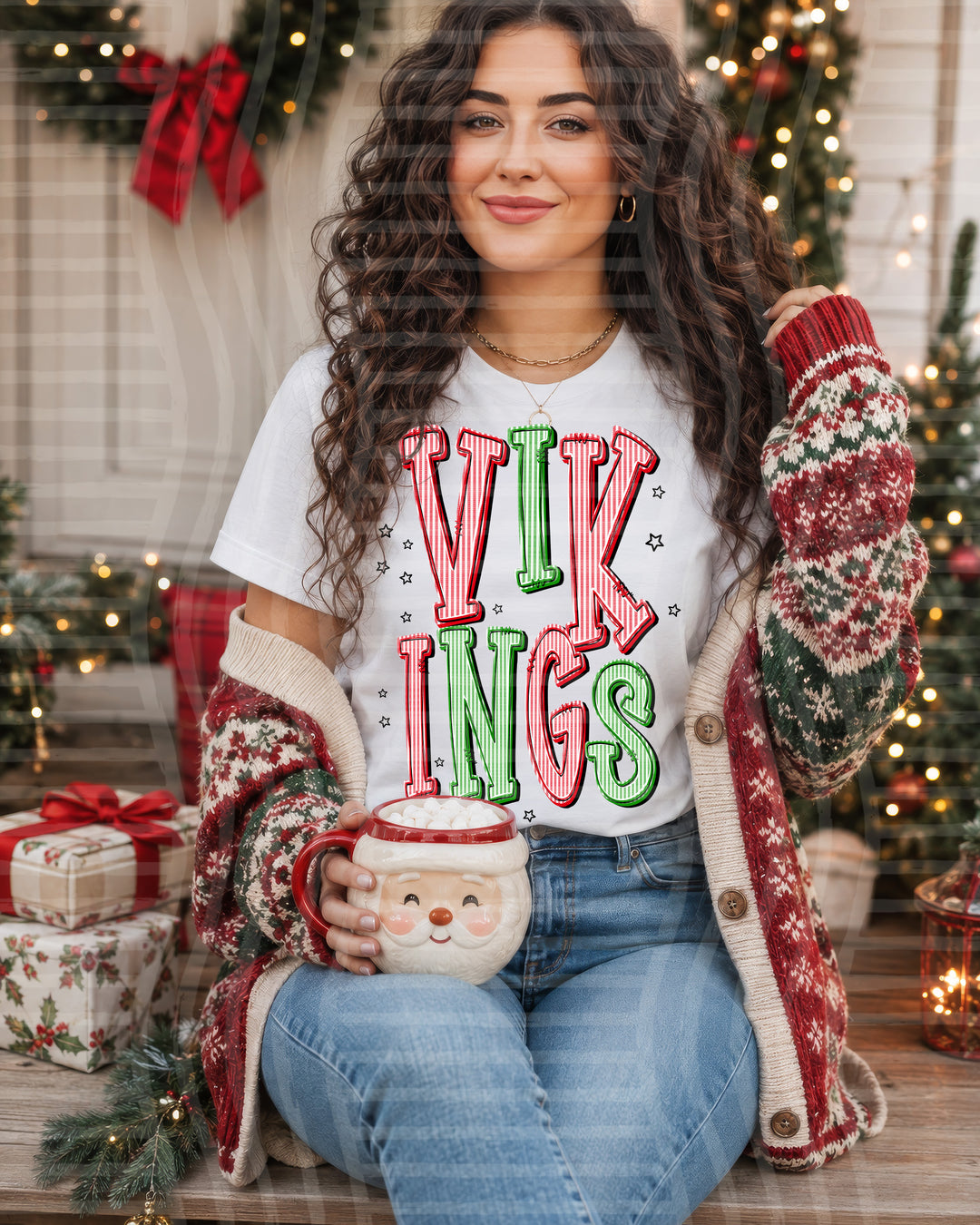 Vikings Red and Green Christmas Seersucker Mascots DTF transfer