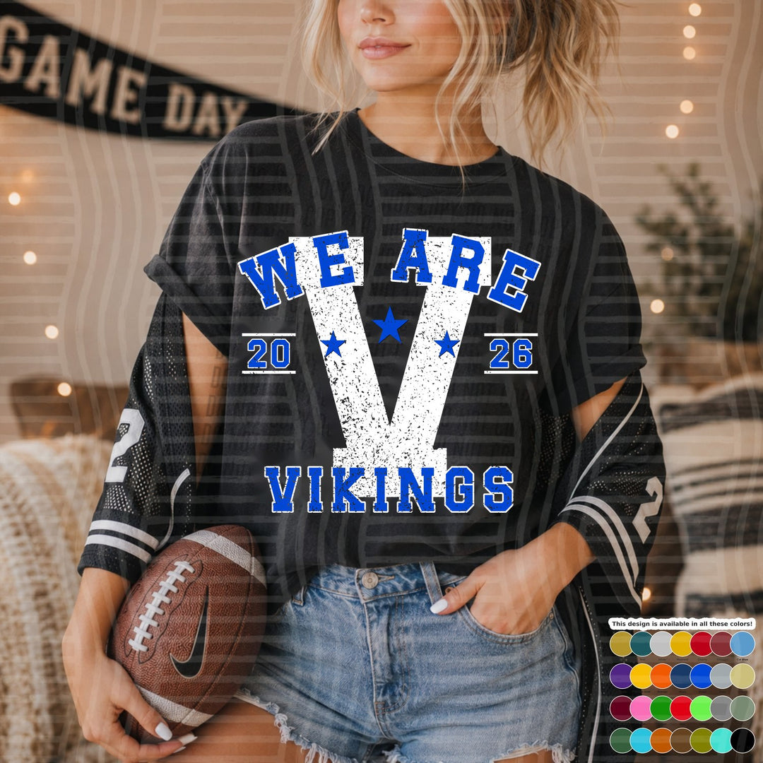 Vikings Royal Blue Varsity Initials White Outline DTF transfer mockup