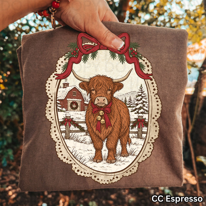 Vintage Christmas Highland Cow DTF transfer mockup