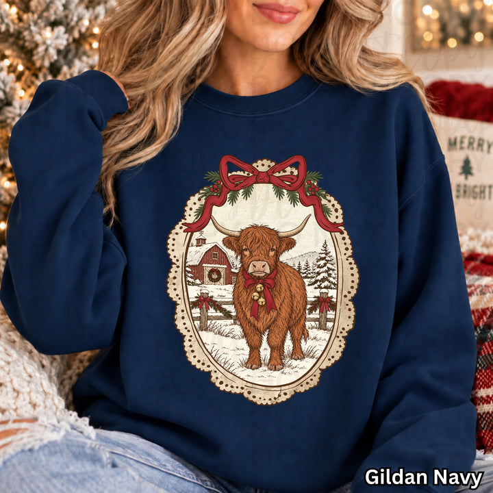 Vintage Christmas Highland Cow DTF transfer mockup 3