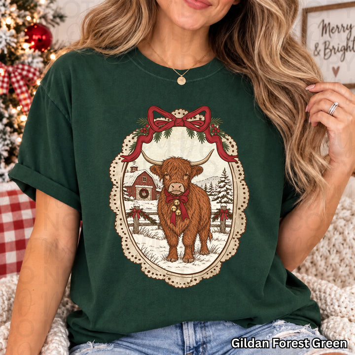 Vintage Christmas Highland Cow DTF transfer mockup 4