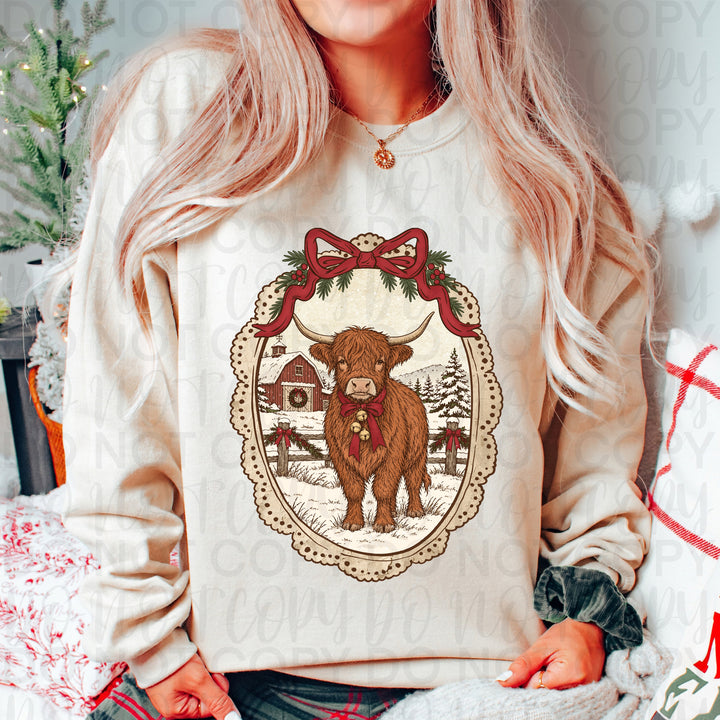 Vintage Christmas Highland Cow DTF transfer mockup 5