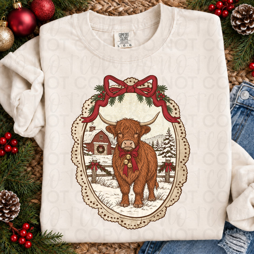 Vintage Christmas Highland Cow DTF transfer mockup 6