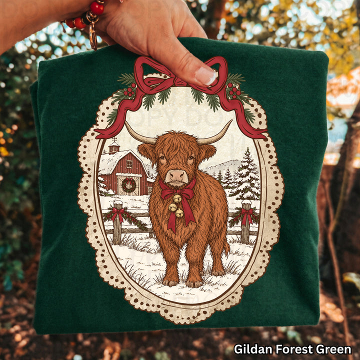 Vintage Christmas Highland Cow DTF transfer mockup 7
