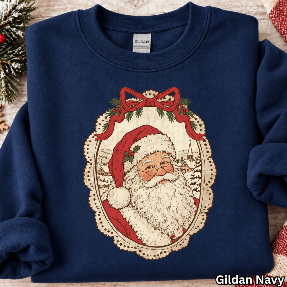 Vintage Framed Santa Christmas DTF transfer shown on a shirt