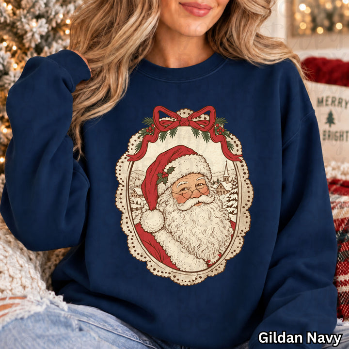 Vintage Framed Santa Christmas DTF transfer shown on a shirt