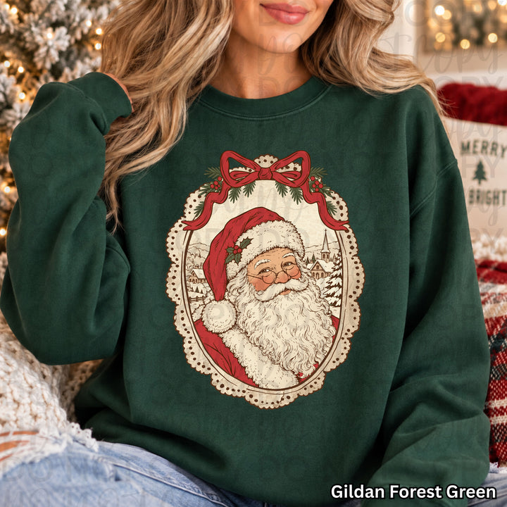 Vintage Framed Santa Christmas DTF transfer shown on a shirt