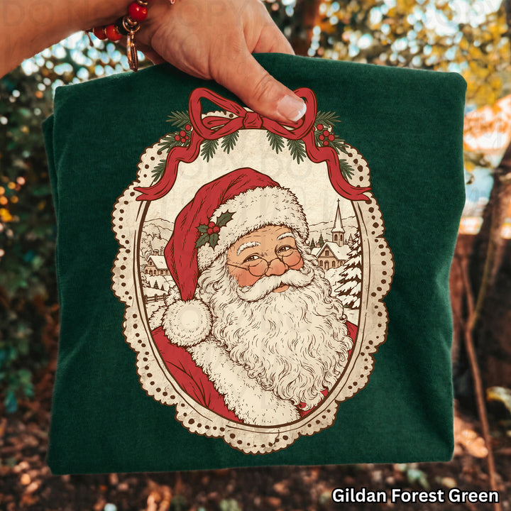 Vintage Framed Santa Christmas DTF transfer shown on a shirt