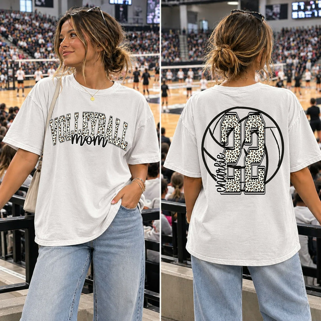 Leopard Print Volleyball Mom front and back customizable DTF transfer mockup