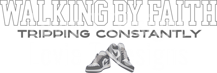 WALKING BY FAITH TRIPPING CONSTANTLY GRAY AND WHITE NIKES