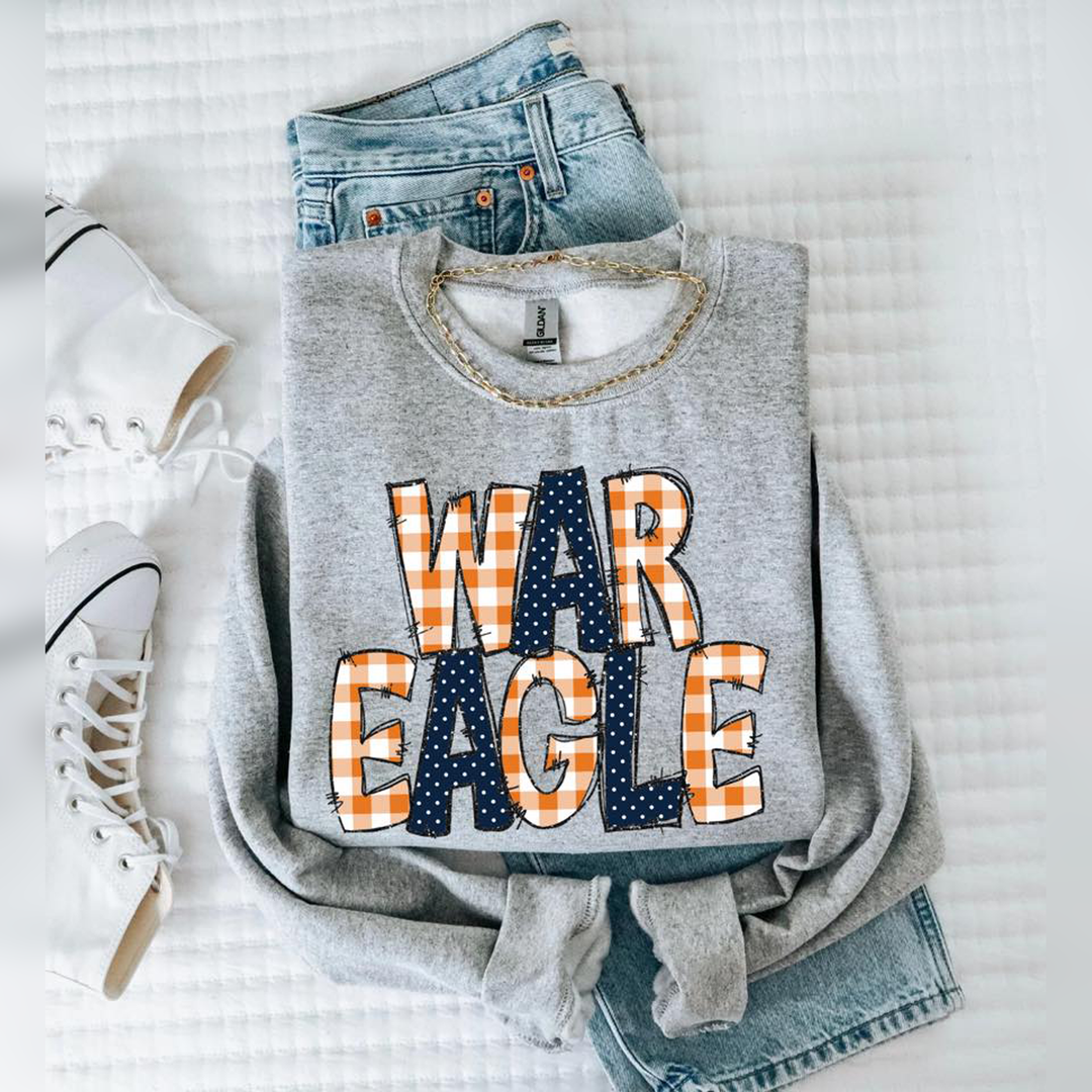 War Eagle Doodle Gingham Dots & Glitter Orange Navy – DTF Transfer
