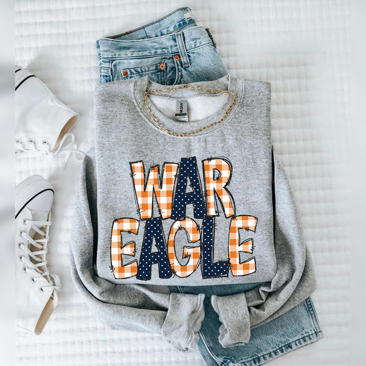 War Eagle Doodle Gingham Dots & Glitter Orange Navy – DTF Transfer