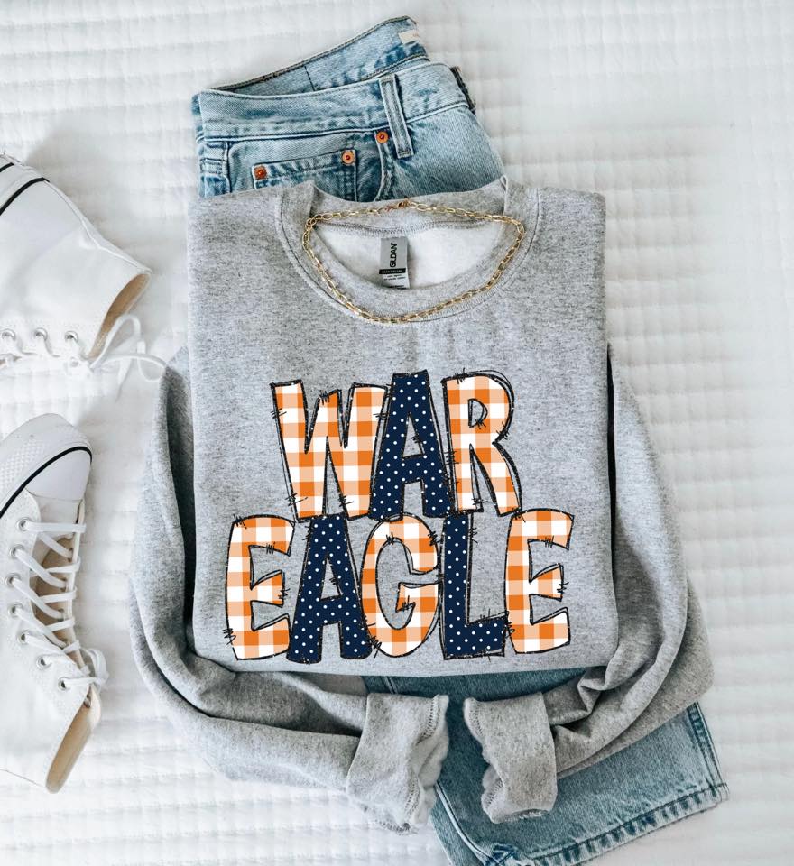 War Eagle Doodle Gingham Dots & Glitter Orange Navy DTF transfer design – image 1