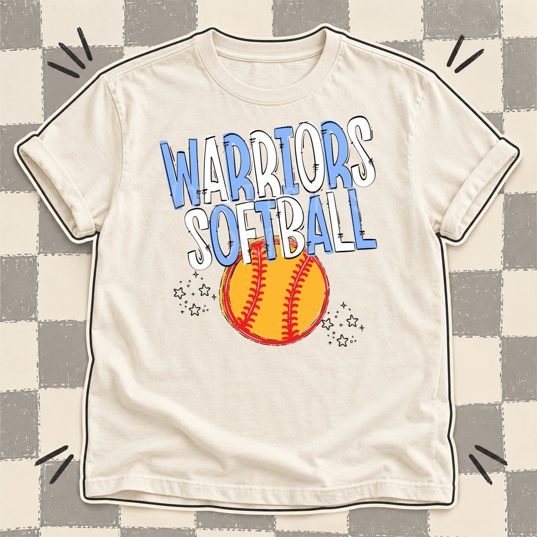 Warriors Columbia Blue White Team Go Softball Mascots DTF transfer mockup