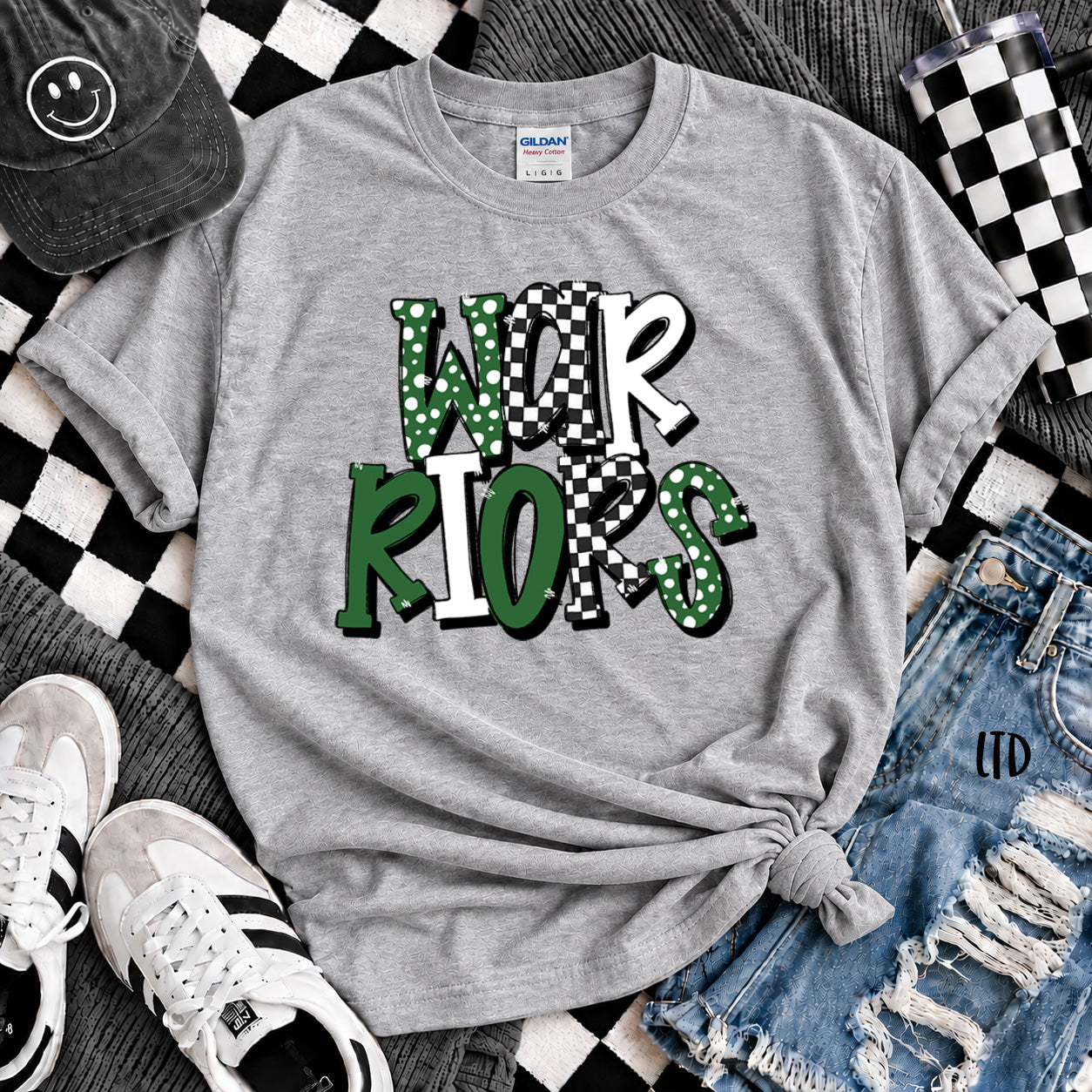 Dot Dot Check Mix Mascots Warriors Kelly Green Black design