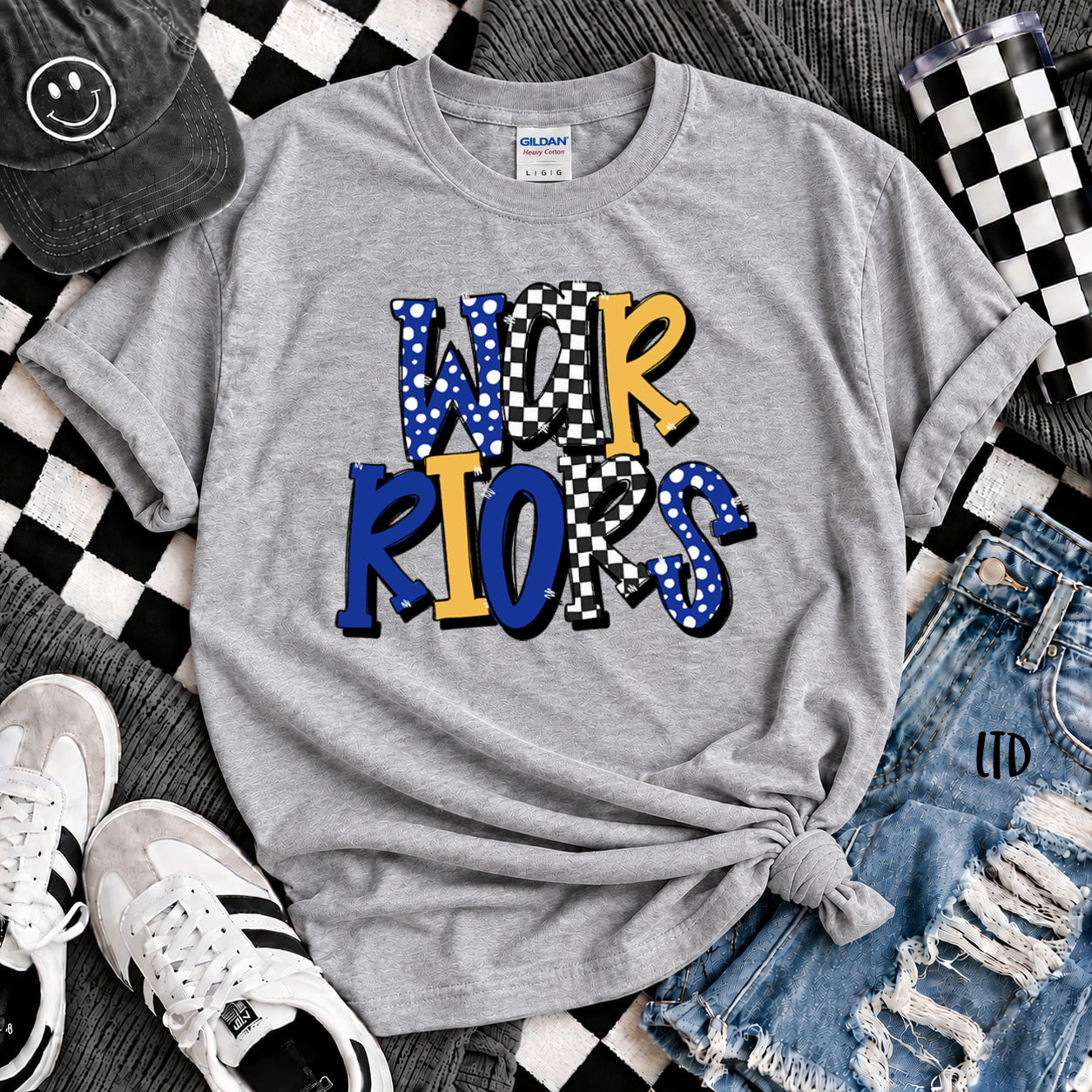 Dot Dot Check Mix Mascots Warriors Royal Blue Yellow Gold design