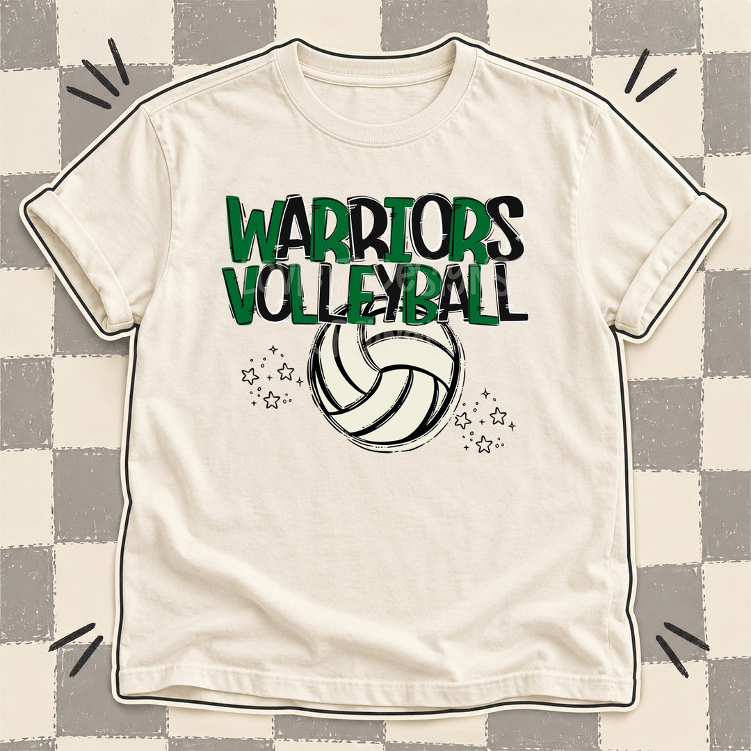 Warriors Kelly Green Black Team Go Volleyball Mascots DTF transfer mockup