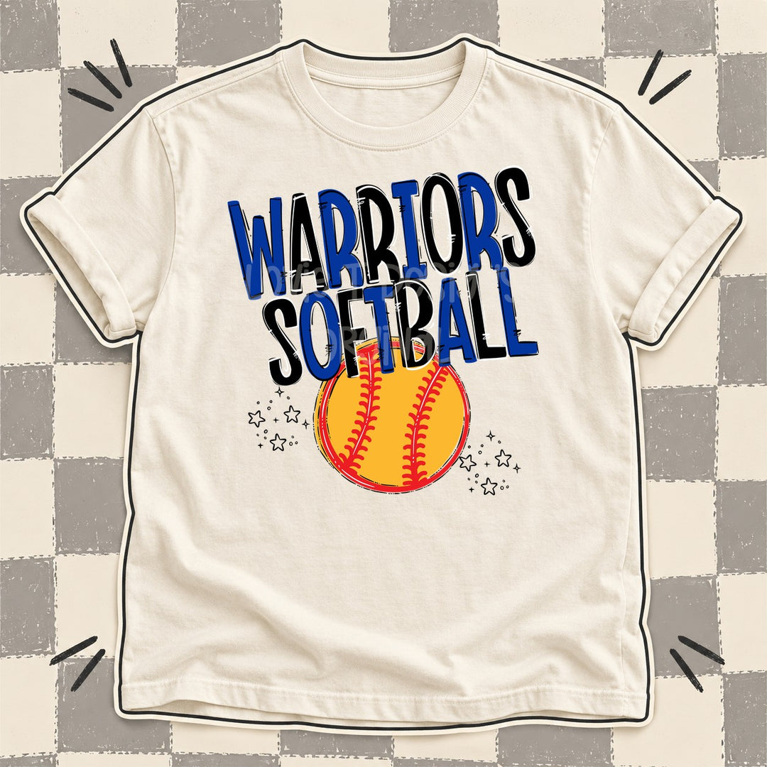 Warriors Royal Blue Black Team Go Softball Mascots DTF transfer mockup
