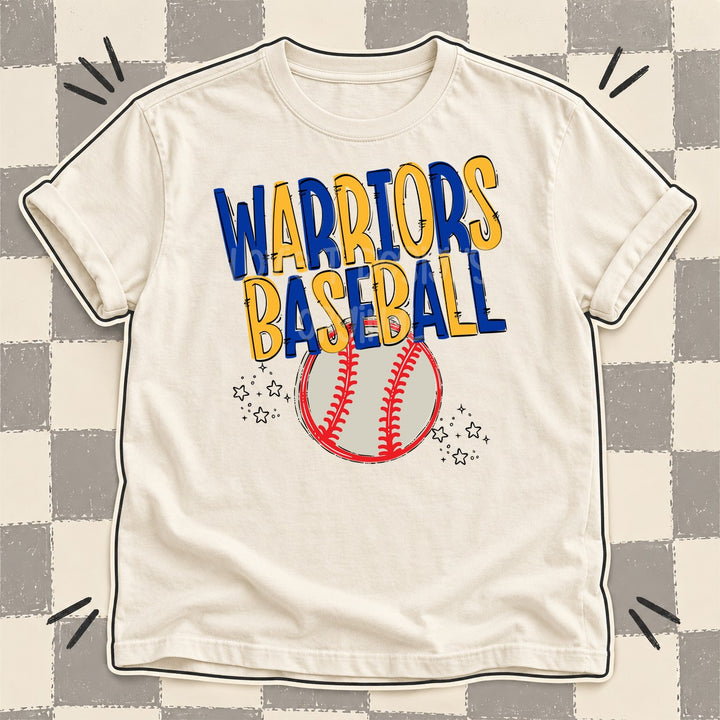 Warriors Royal Blue Yellow Gold Team Go Baseball Mascots DTF transfer mockup
