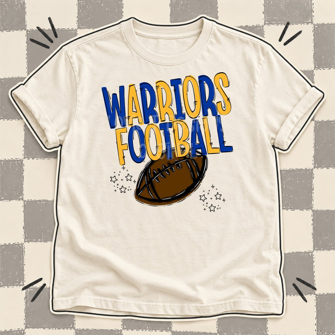 Warriors Royal Blue Yellow Gold Team Go Football Mascots DTF transfer mockup