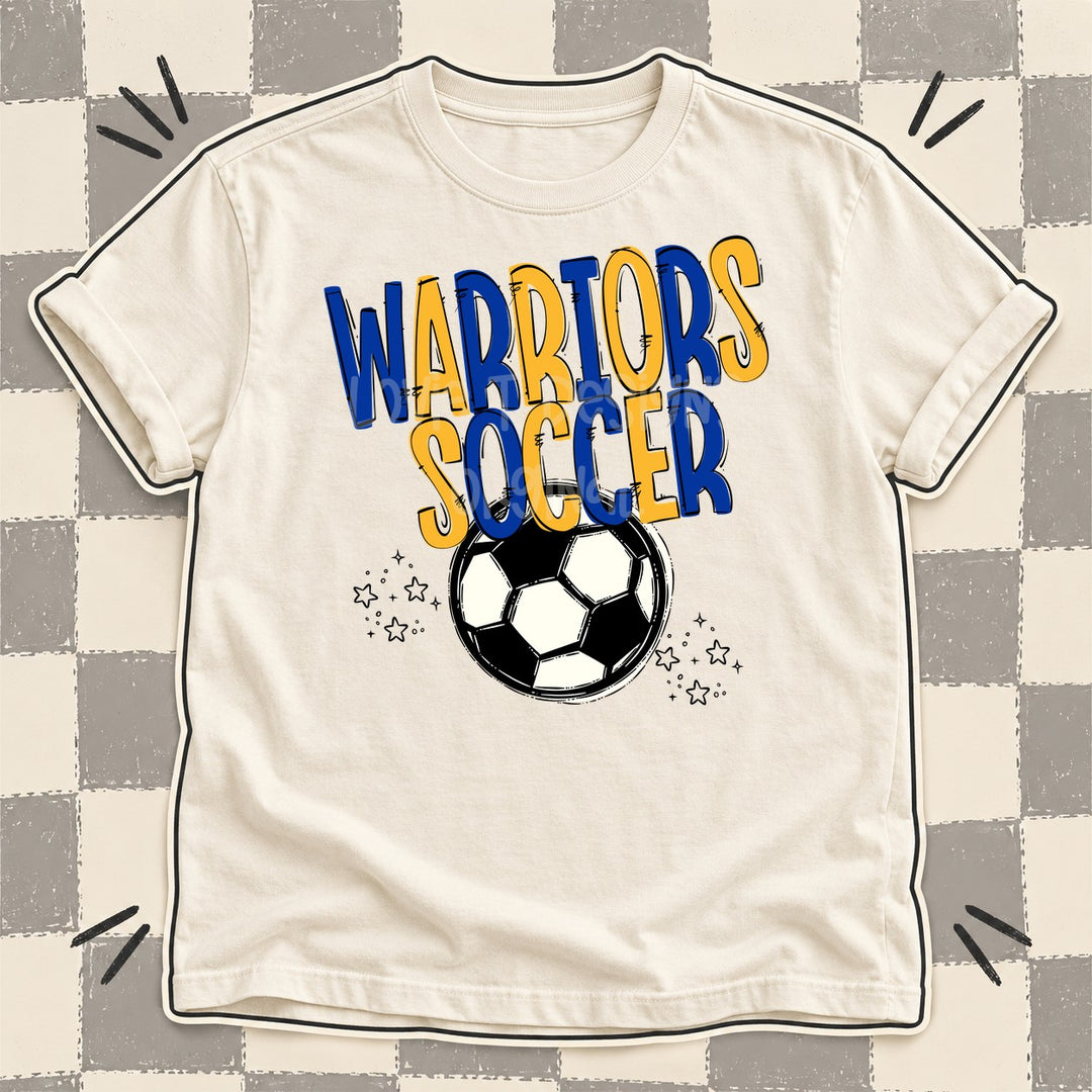 Warriors Royal Blue Yellow Gold Team Go Soccer Mascots DTF transfer mockup