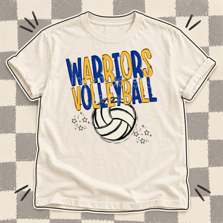 Warriors Royal Blue Yellow Gold Team Go Volleyball Mascots DTF transfer mockup